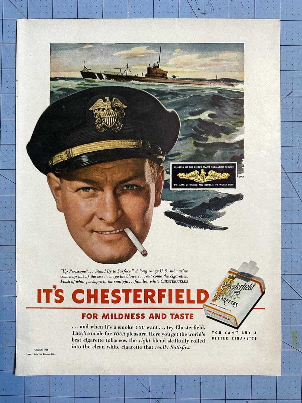 Chesterfield Cigarettes Submarine Service 1943 Vintage Print Advertisement